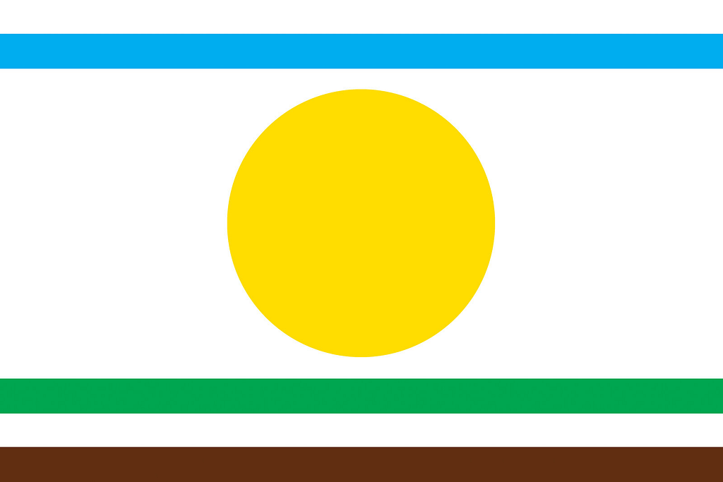 Flag with a blue sky line, a yellow sun and green and brown lines, from a child's drawing