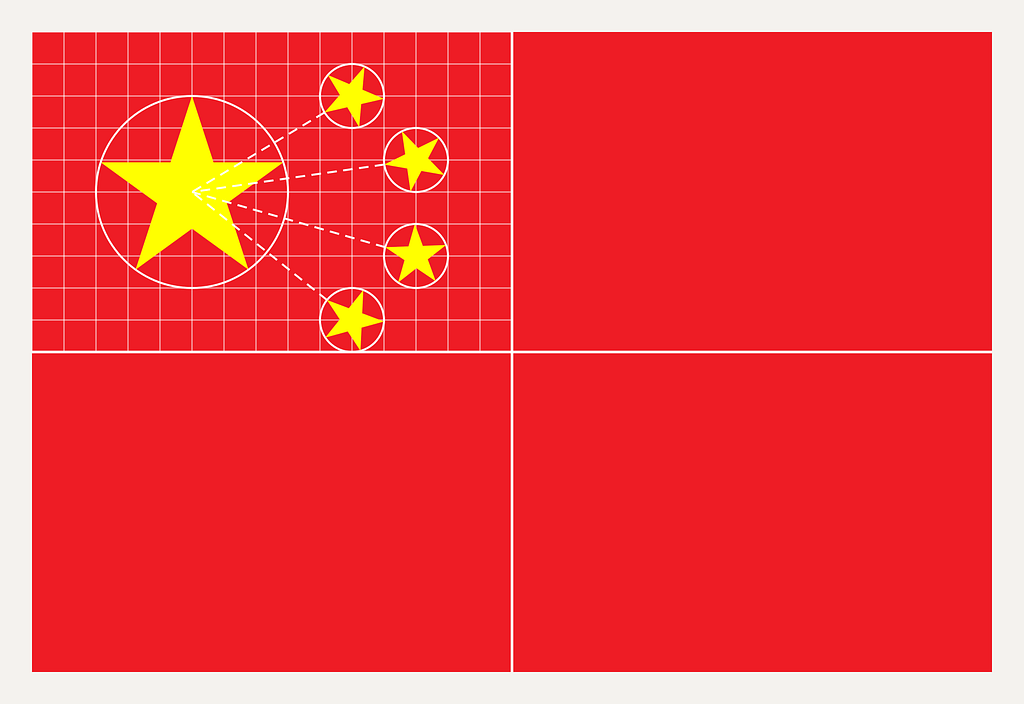 Construction grid of the flag of China with the position of the five stars