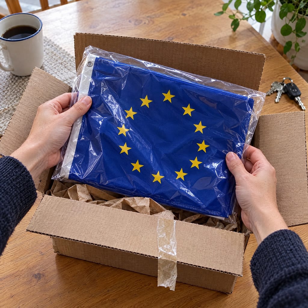 Hands lifting a European flag in its bag out of a just-delivered box