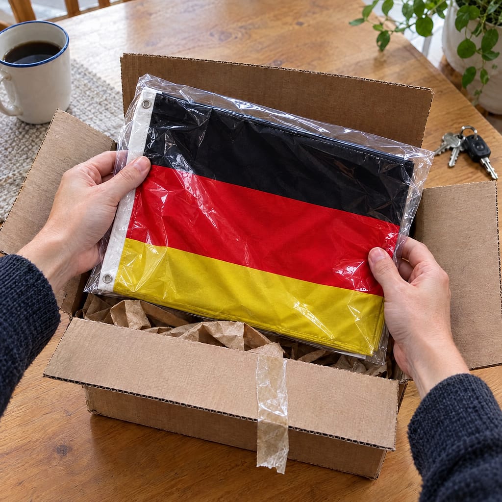 Hands lifting a German flag in its bag out of a just-delivered box