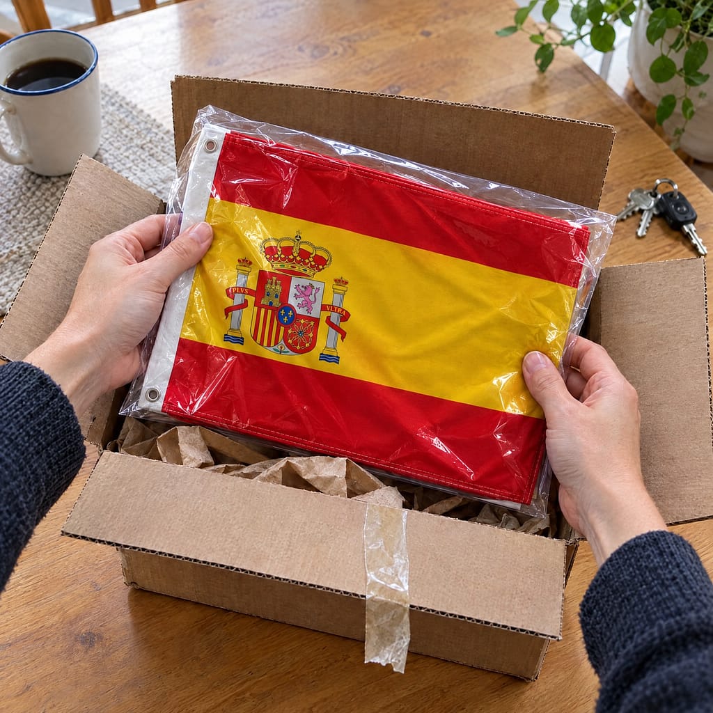 Hands lifting a Spanish flag in its bag out of a just-delivered box