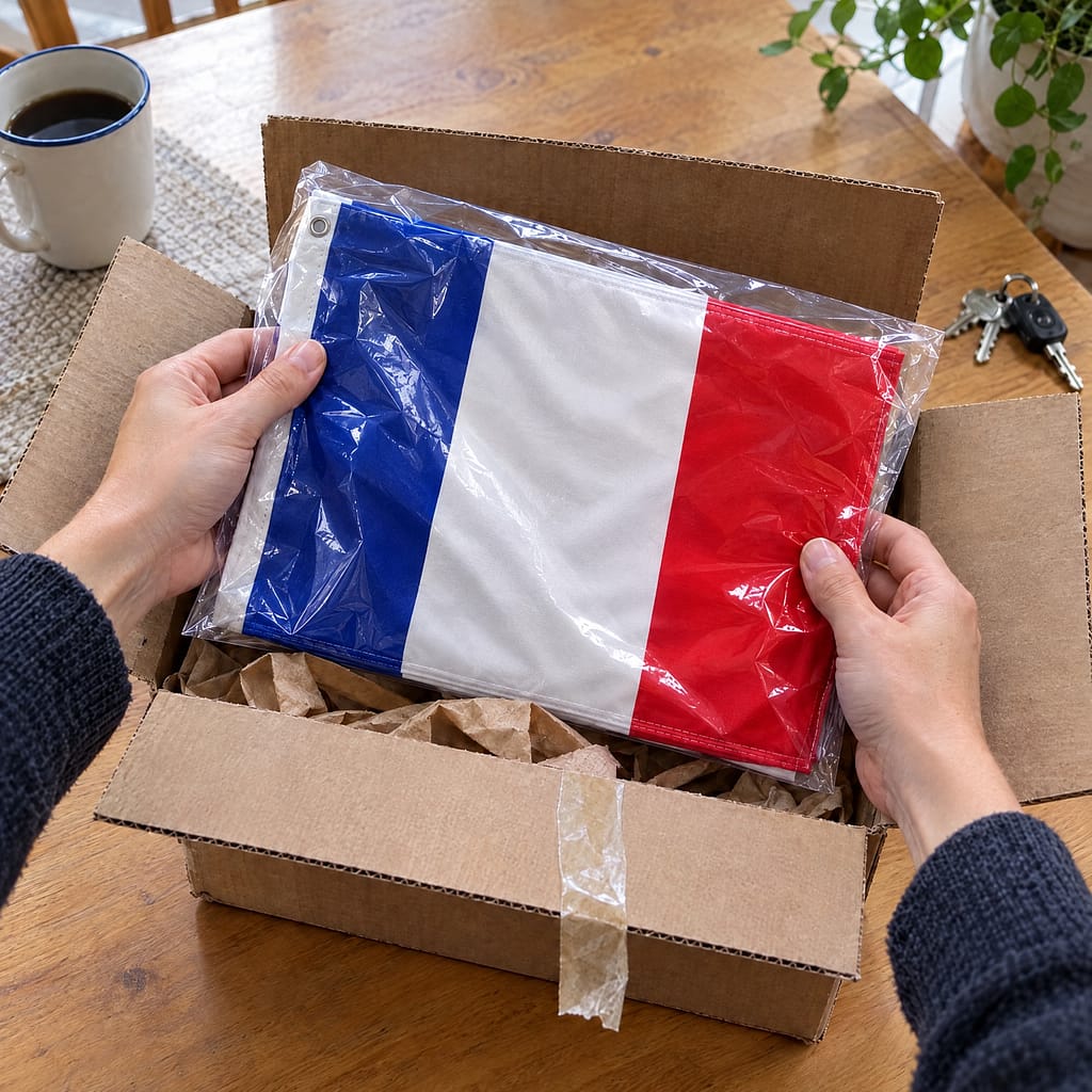 Hands lifting a French flag in its bag out of a just-delivered box