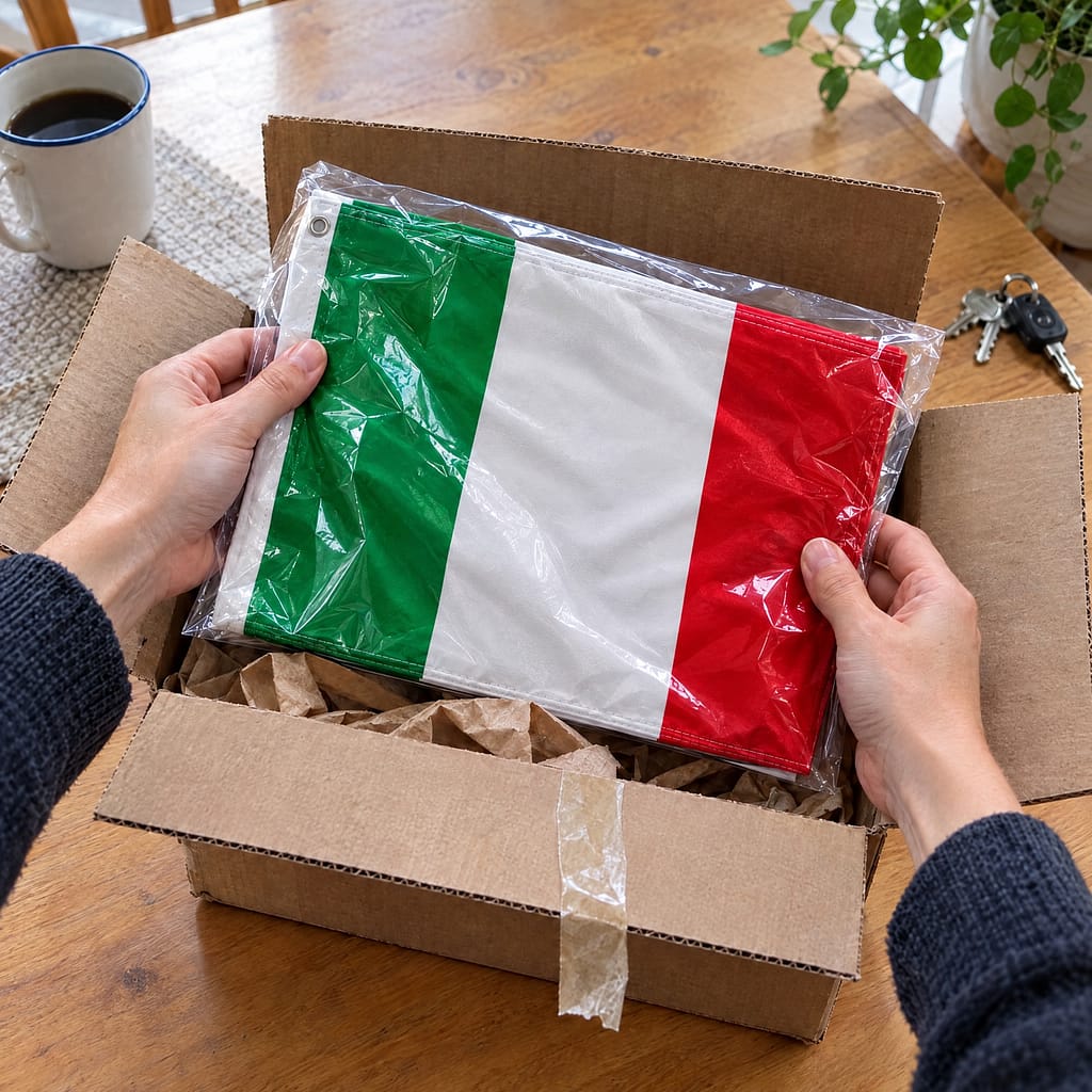 Hands lifting an Italian flag in its bag out of a just-delivered box