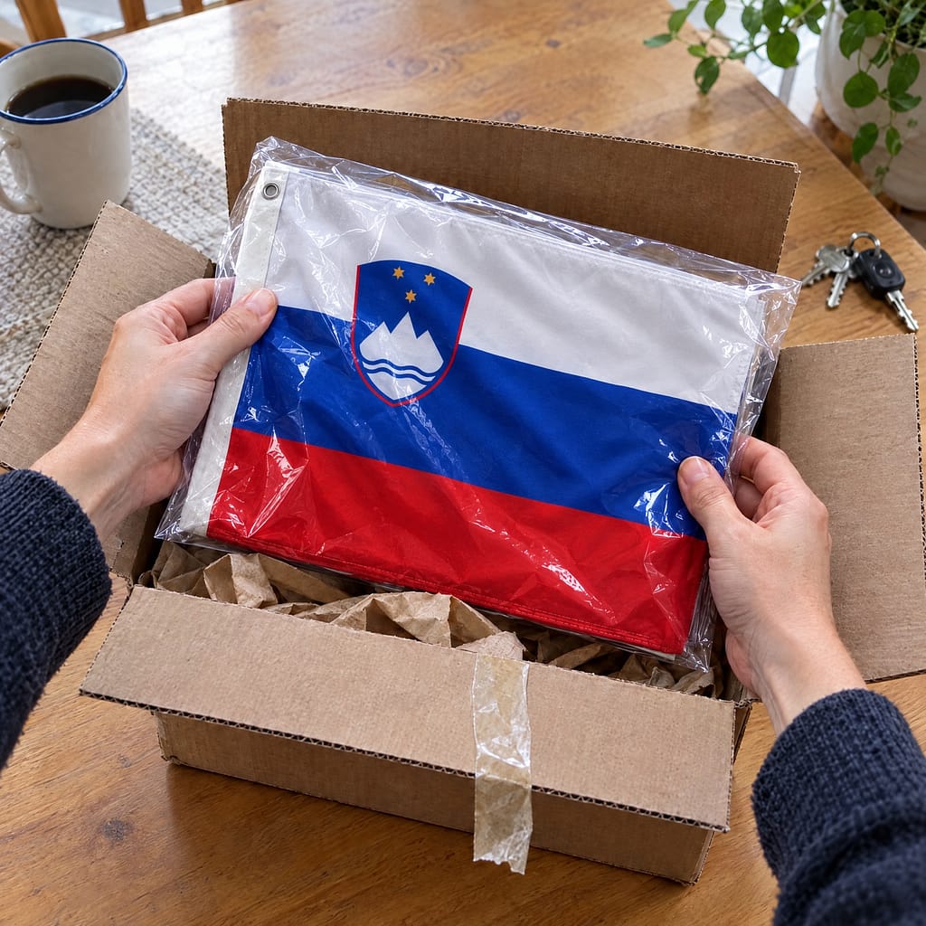 Hands lifting a Slovenian flag in its bag out of a just-delivered box