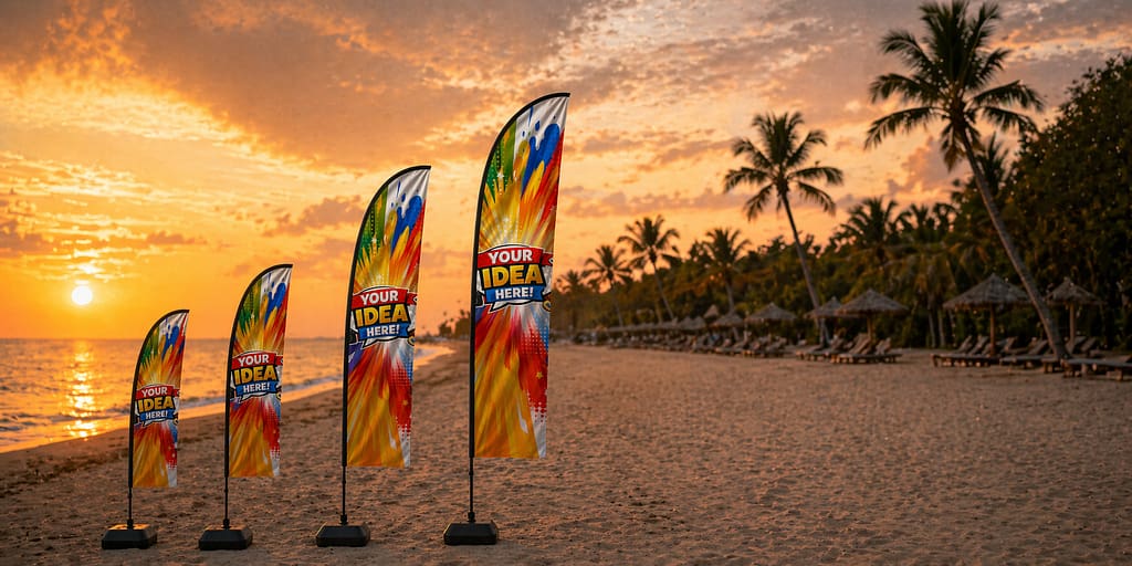 Promotional beach flags on a beach at sunset