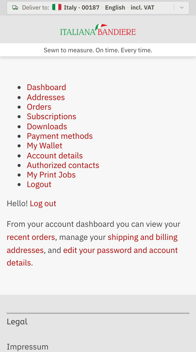 The account page after signing in, with its menu