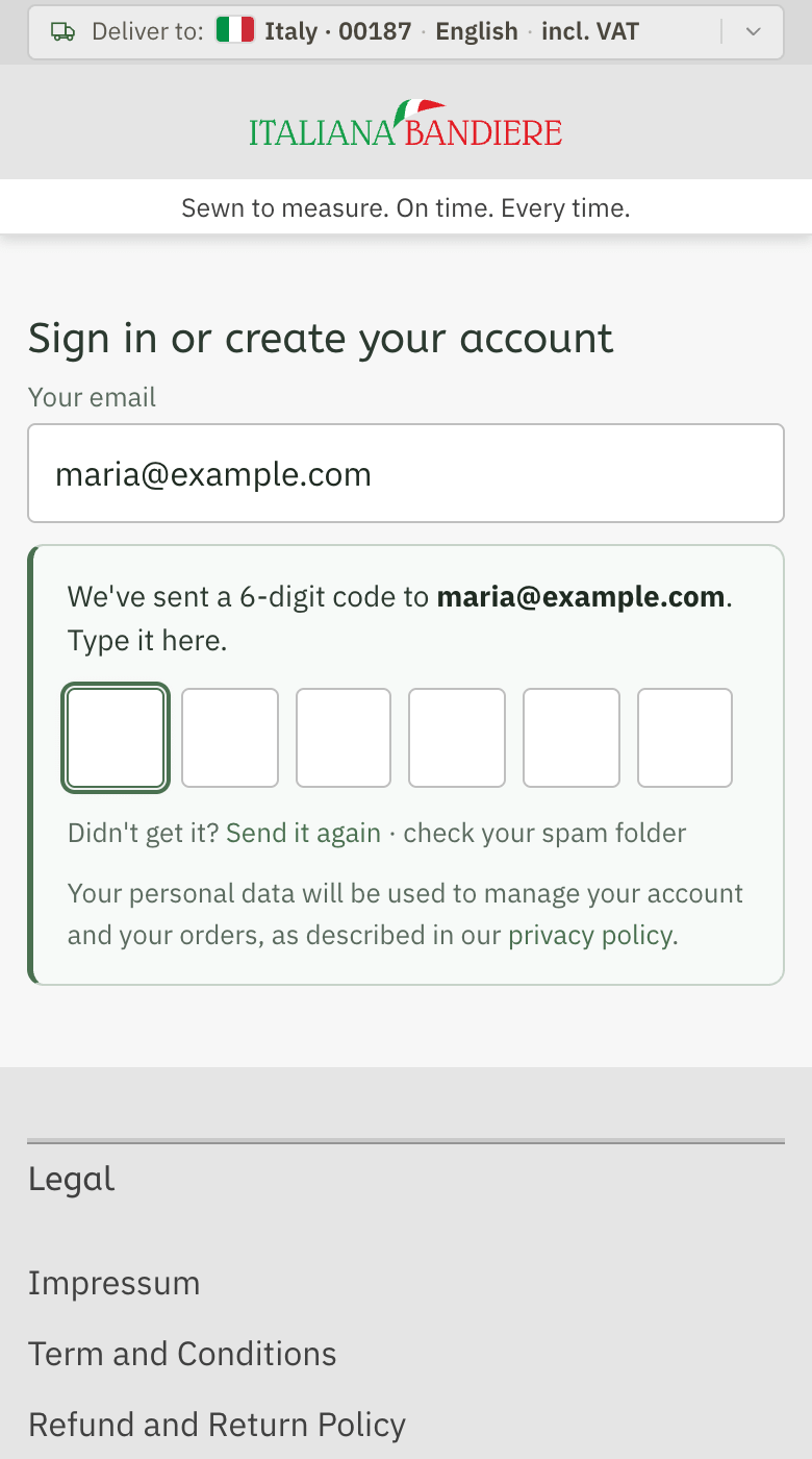 Six boxes to type the code, under the sentence «We've sent a 6-digit code»