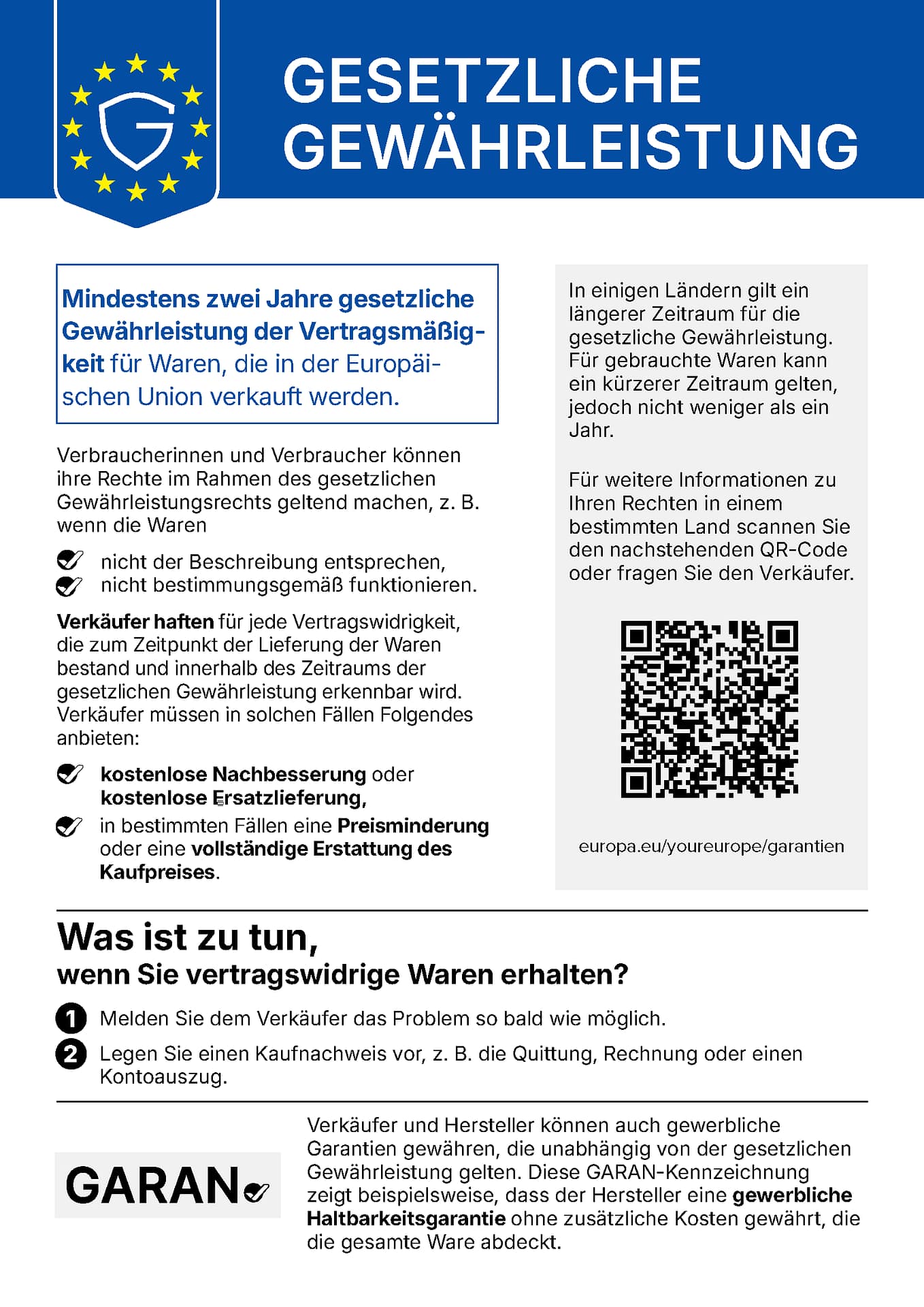 EU-Hinweis zur gesetzlichen Gewährleistung: mindestens zwei Jahre gesetzliche Gewährleistung für in der Europäischen Union verkaufte Waren