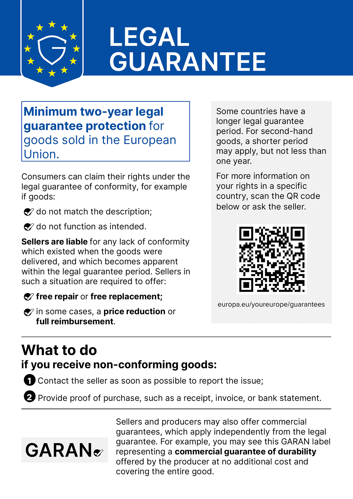 EU legal guarantee notice: minimum two-year legal guarantee for goods sold in the European Union