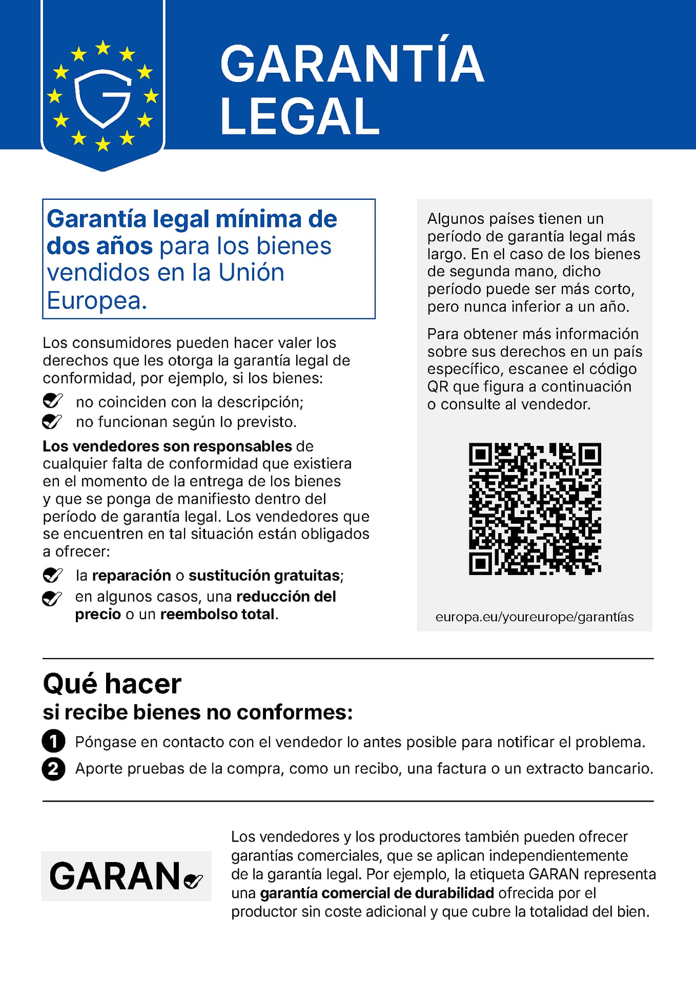 Aviso de la UE sobre la garantía legal: garantía legal mínima de dos años para los bienes vendidos en la Unión Europea