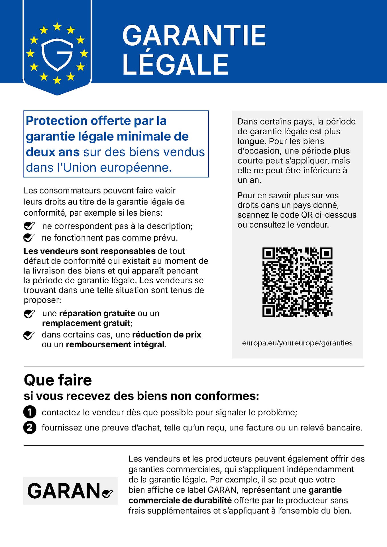 Avis de l'UE sur la garantie légale : garantie légale minimale de deux ans pour les biens vendus dans l'Union européenne