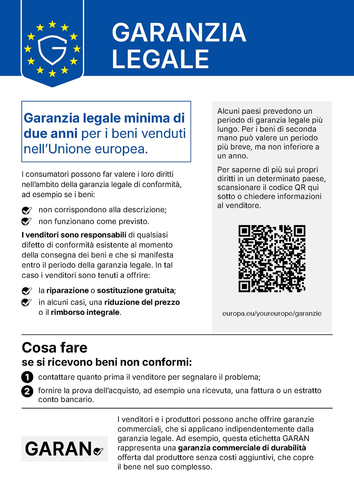 Avviso UE sulla garanzia legale: garanzia legale minima di due anni per i beni venduti nell'Unione europea