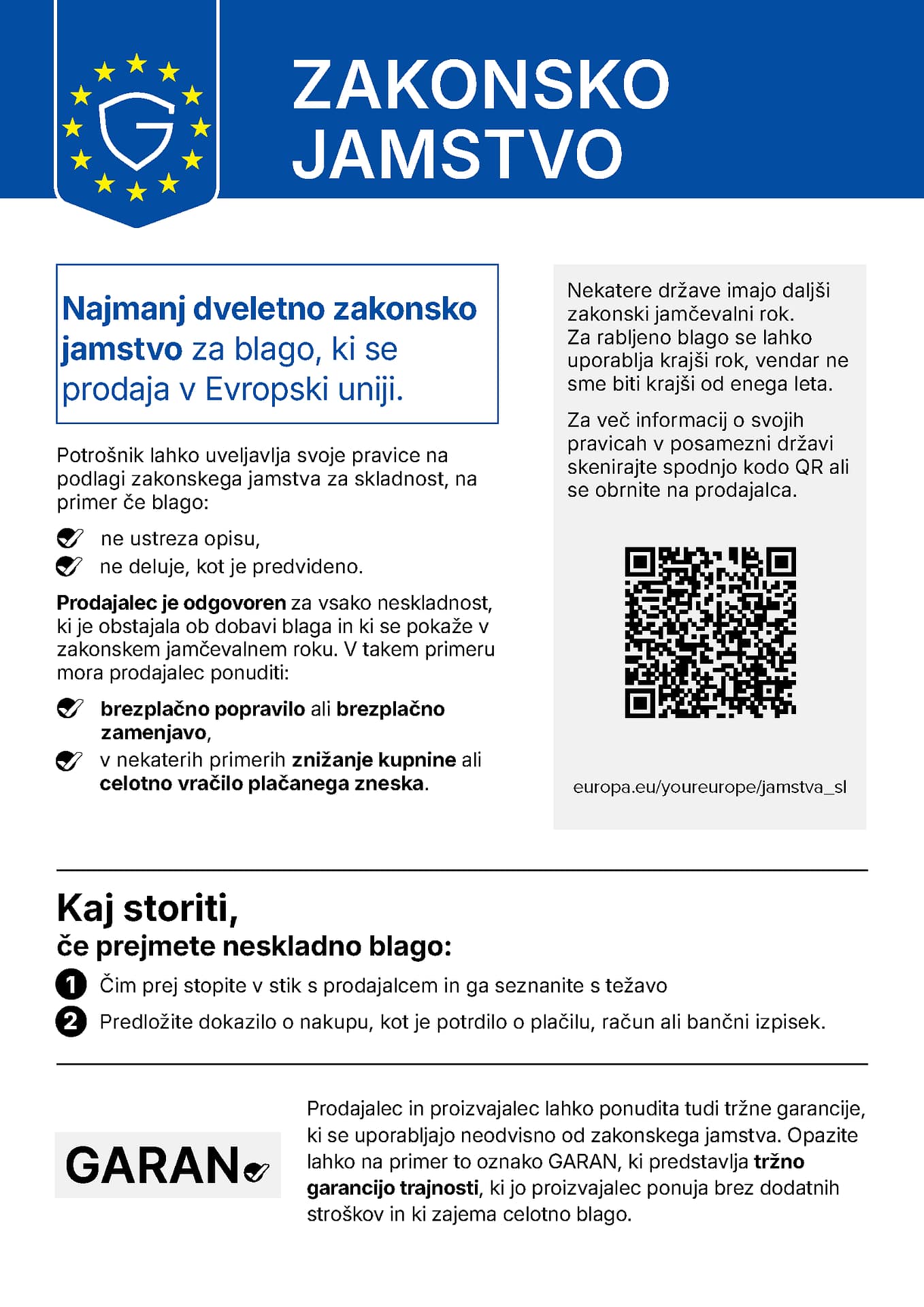 Obvestilo EU o zakonskem jamstvu: najmanj dveletno zakonsko jamstvo za blago, prodano v Evropski uniji