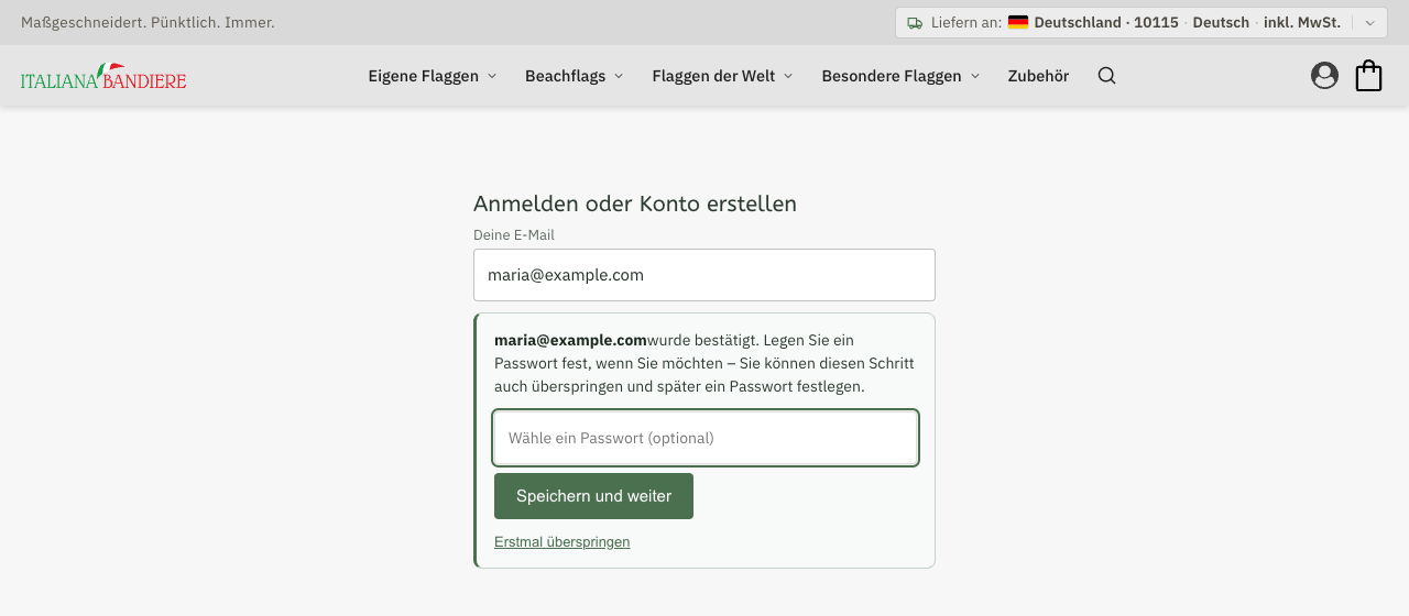 The address is confirmed, with the field «Choose a password» and the link «Skip for now»
