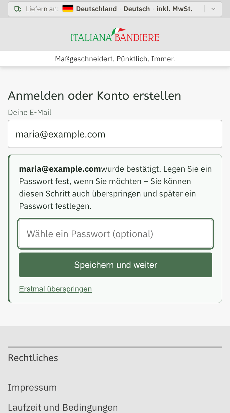 The address is confirmed, with the field «Choose a password» and the link «Skip for now»