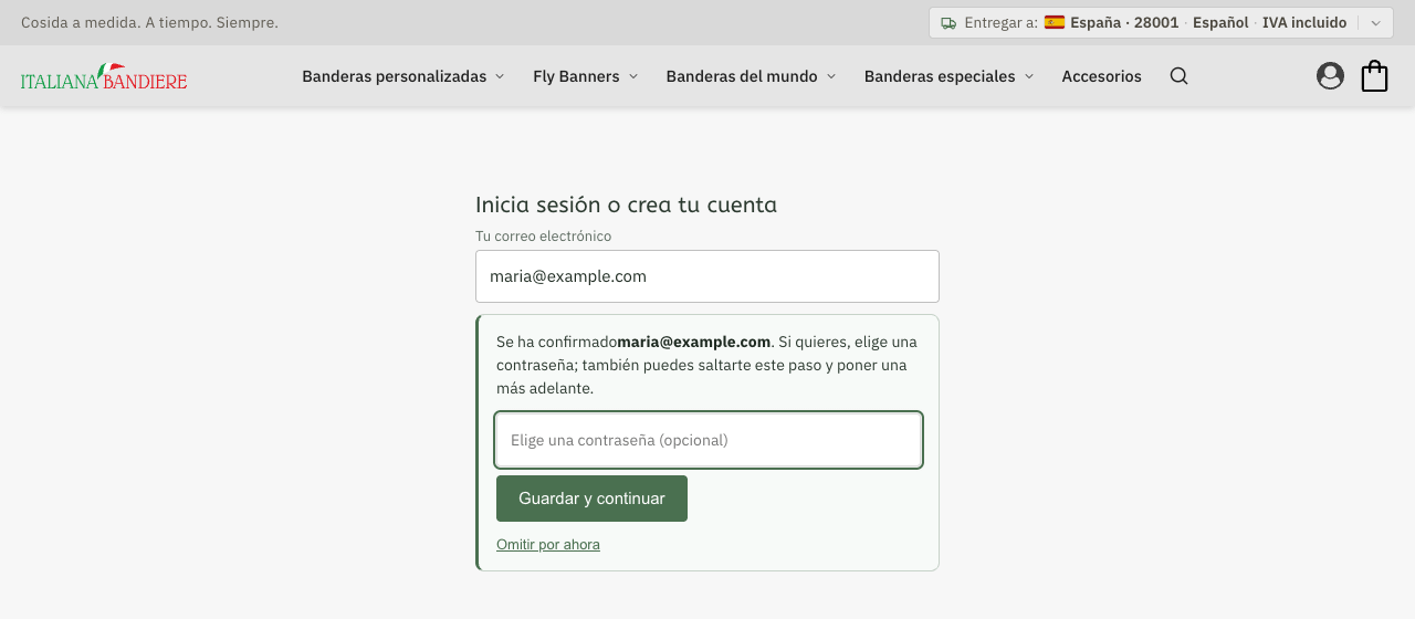 The address is confirmed, with the field «Choose a password» and the link «Skip for now»