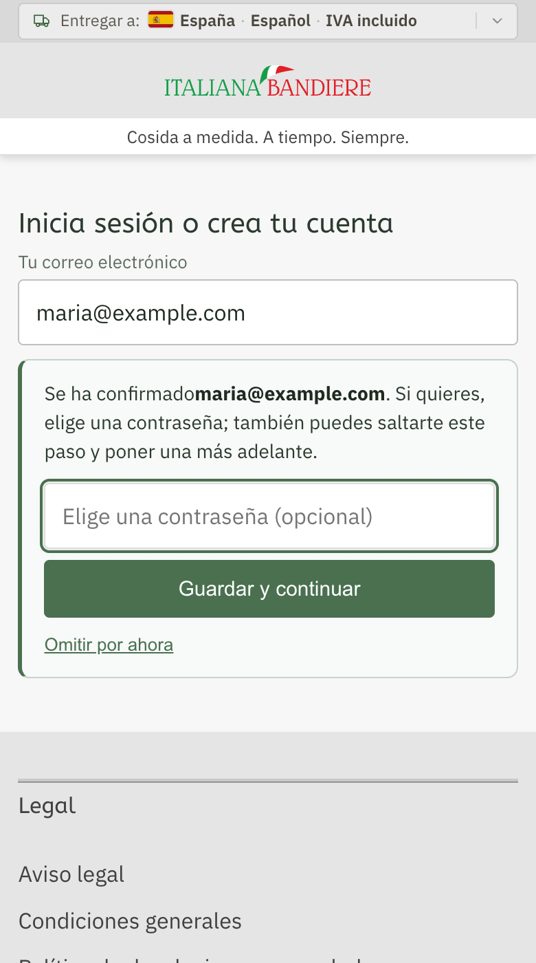 The address is confirmed, with the field «Choose a password» and the link «Skip for now»