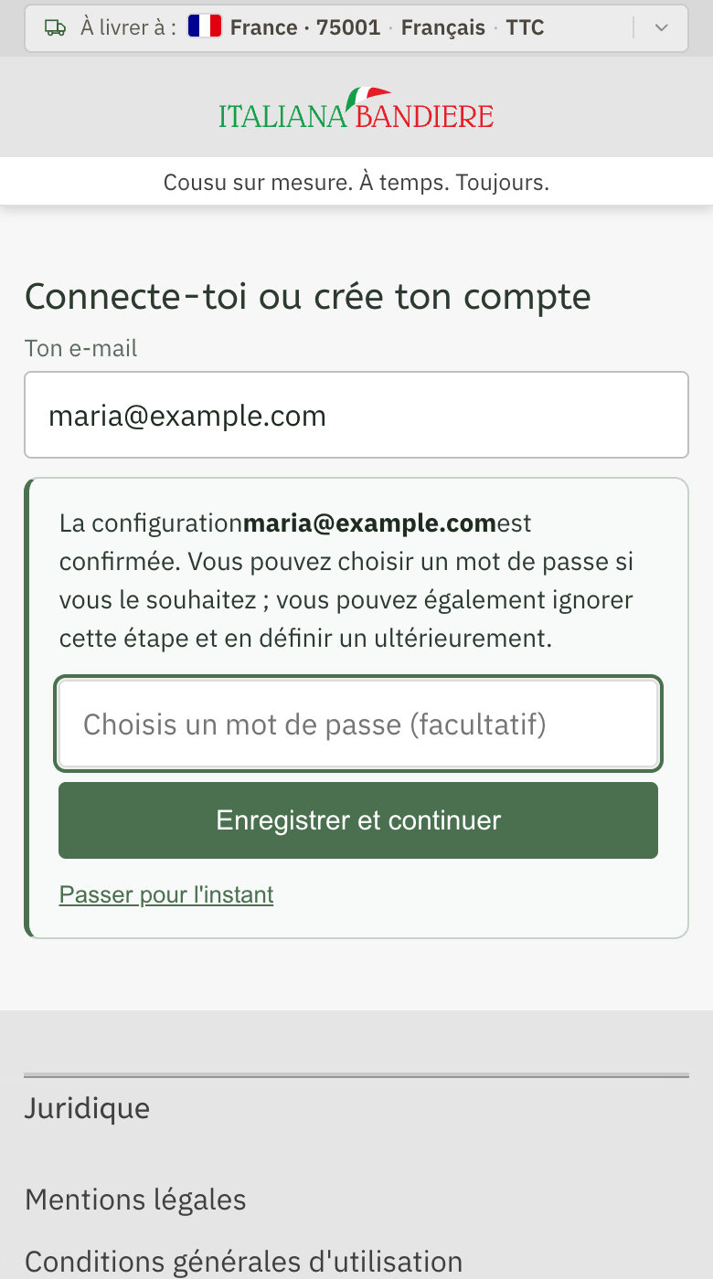 The address is confirmed, with the field «Choose a password» and the link «Skip for now»