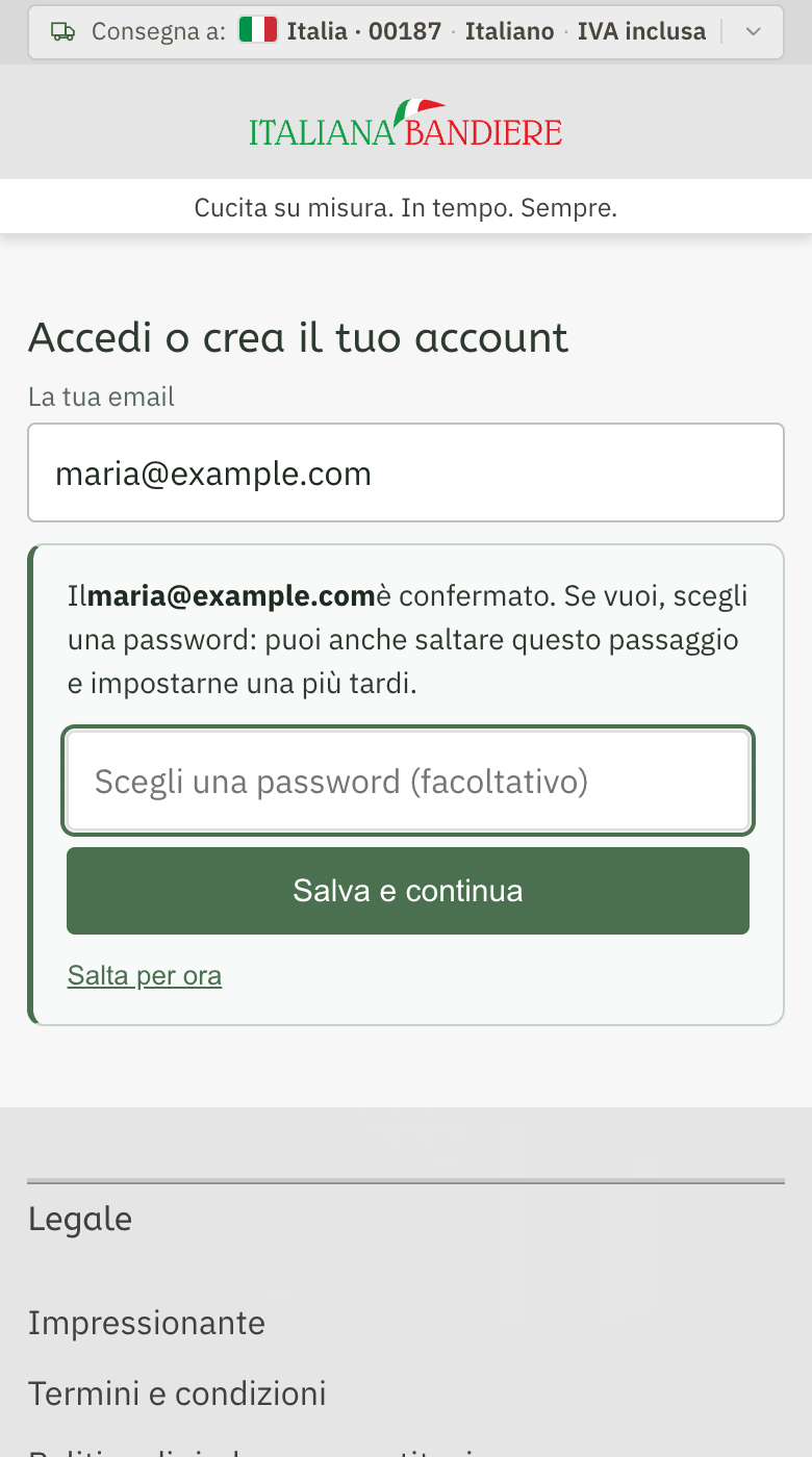 The address is confirmed, with the field «Choose a password» and the link «Skip for now»