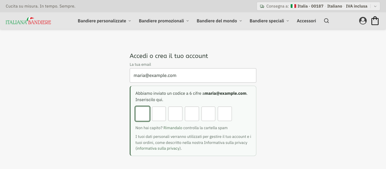 Six boxes to type the code, under the sentence «We've sent a 6-digit code»