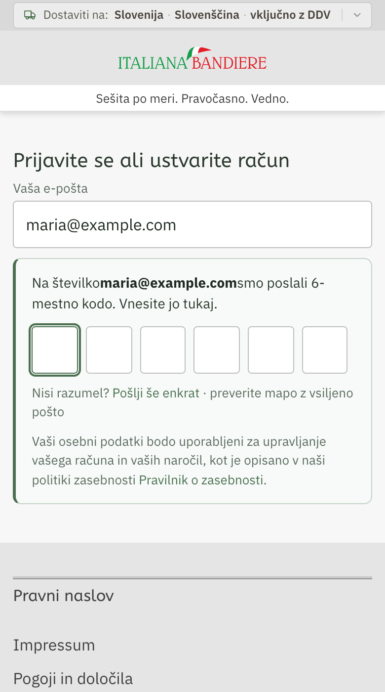 Six boxes to type the code, under the sentence «We've sent a 6-digit code»